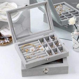 Bolsas de jóias Velvet Grey Carrying Case com tampa de vidro Anel Display Box Bandeja Titular Armazenamento Organizador Brincos Pulseira Showcase