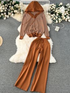 SINGREINY Winter Thick Sets Women Hooded Striped PulloverSolid Drawstring Wide Legs Pant Warm Sweater Casual Two Pieces Suits 240122