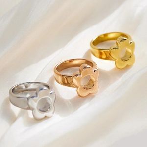 Cluster Rings Luxury Stainless Steel Ring For Women Girl Flower Shape Gold /Silver/Rose Color Hollow Party Jewelry