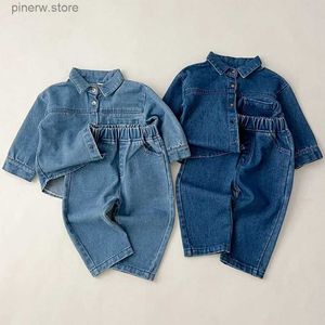 Giyim Setleri Bebek Giyim İlkbahar ve Sonbahar Yeni Kore Edition Denim Seti Erkekler ve Kızlar Retro Uzun Kollu Top Kot pantolon İki Parçalı Set