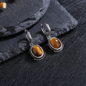 Earrings Fine 925 Sterling Silver Natural Tiger eye Earring for Women Vintage Elegant Labradorite Moonstone Jewelry Wedding Birthday Gift