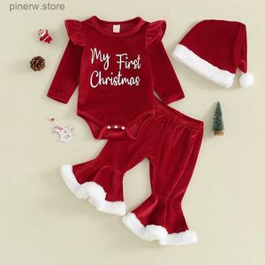 Giyim Setleri Yeni doğan bebek kız bebek Noel tulum kıyafetleri mektup baskı uzun kollu romper + parlama pantolon + şapka Noel kıyafetleri