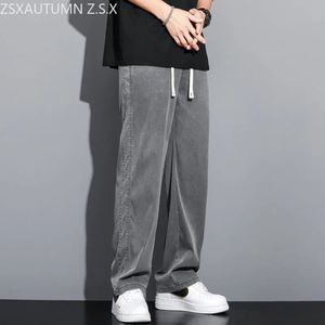 Plus Size M-5XL Verão Macio Lyocell Tecido Mens Jeans Coreia Calças Casuais Finas Soltas Calças Retas Com Cordão Cintura Elástica 240124