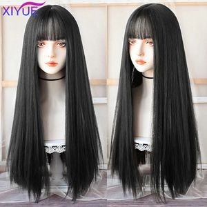 iyue long straight black wig with bang synthetic wigs for women hat耐性自然髪のためのハロウィーンコスプレパーティー240118