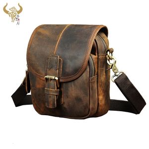 Crazy Horse Leather Men Design Casual Multifunction Small Messenger Crossbody Bag Fashion Waist Belt Bag Phone Pouch Male 1168 240126