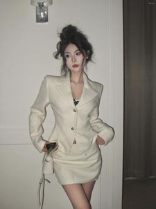 Two Piece Dress UNXX 2024 Autumn Arrivals Retro Office Lady Style Beige Suit Set For Women With Short Jacket And A-line Skirt High Quality