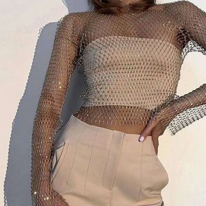 Roupas femininas estilo europeu e americano Amazon Mesh Espumante Diamante Rede de Pesca Top Rede de Pesca Sexy Espumante Diamante Manga Comprida Top Água Diamante