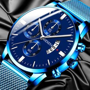 2021 Men's Fashion Business Calendar Watches Men Luxury Blue Stainless Steel Mesh Belt Analog Quartz Watch290Q