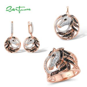 Sets SANTUZZA Silver Jewelry Set For Women Pure 925 Sterling Silver Creative Black Brown Horse Ring Earrings Pendant Set Fine Jewelry