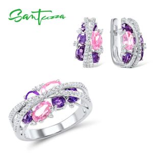 Sets SANTUZZA 925 Silver Jewelry Set for Women Sparkling Purple Amethyst Pink Cubic Zirconia Earrings Ring Set Luxury Fine Jewelry