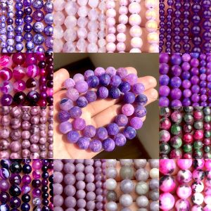 Bangle Purple Natural Stone Pärlor Amethyst Agates Tourmaline Jades Crystals Loose Spacer Pärlor för smycken som gör DIY -armband Craft