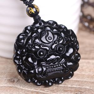 Hängen Black Obsidian Stone Dragon Pendant Halsband Foo Dog Jewelry Talisman Crystal Healing Jewelry