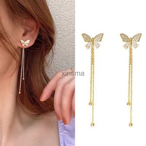 Stud Butterfly Crystal Long Tassel dinglande örhängen för kvinnor koreanska mode Dainty Gold Plated Drop örhängen smycken Tillbehör YQ240129