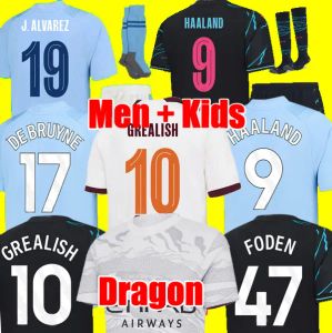 23 24 Haaland Soccer Jerseys Grealish Sterling Mans Cities Cities Mahrez Fans Version De Bruyne Foden 2023 2024 Футбольные топы Рубашка детские комплекты наборы формируют мальчики молодежь