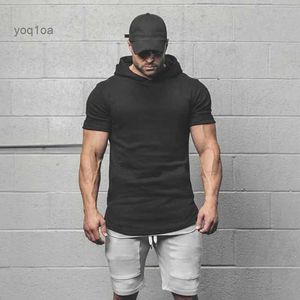 Men's T-Shirts New Plain Fitness hooded t shirt men streetwear Solid bodybuilding Short sleeve t shirt Slim fit tshirt gyms tee shirt homme