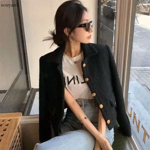 Runway Herbst Winter Vintage Cropped Jacke Damen Koreanische Mode Schwarz Casual Tweed Jacken Elegante Chic Marke Outwear Mantel 220817