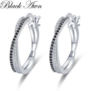 Örhängningar 2023 Ny klassisk Silver Color Round Black Trendy Spinel Engagement Hoop Earrings for Women Jewelry Bijoux I209