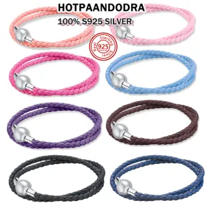 ネックレス2023 New 925 Sterling Silver Classic Leather Woven Popular Shell Pando Bracelets for Women Fit Original Fashion DIYジュエリーギフト