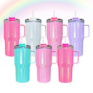 Bicchiere da viaggio in acciaio inossidabile a sublimazione glitter olografico mini carino per bambini all'ingrosso Rainbow 20oz con coperchio e cannuccia per regali personalizzati