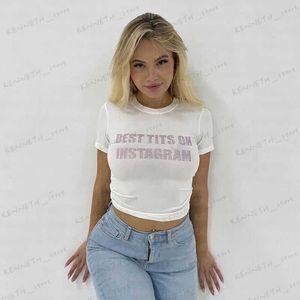 T-shirt da donna Strass Grunge Gothic Print Y2K Abbigliamento Donna Street Sexy Crop top T-shirt Skinny Baby Tees Harajuku fata Short Tees Emo T240129