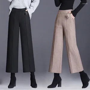 Kvinnors byxor Elegant Woolen Blend Wide Leg Office Lady High midja Casual Loose Straight Pantalones Autumn Winter Formal Trousers