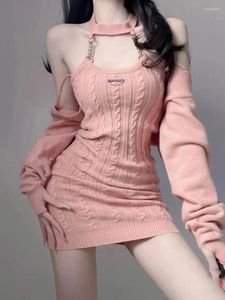 Women's Knitted Two Piece Sets, Fashion Girl Outfits, Crop Top and Pink Cardigan, Mini Wrap Dress