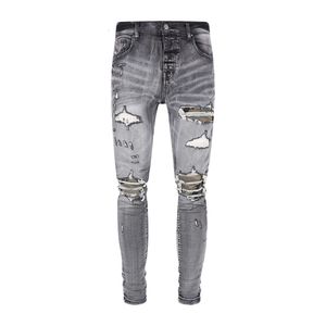 22ss New Distressed MX1 Camouflage Water Ripple Patchwork Washed Grey Jeans
