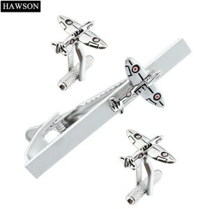 Clips HAWSON Fashion Spitfire War Aircraft Cuff links Tie Clip Set Silver Color Tie Bar Clasp Funny Jewelry for Party