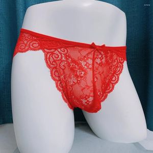 Mutande da uomo sexy slip in prospettiva a rete trasparente mutandine traspiranti in pizzo fortunato colore rosso sacchetto convesso Sissy intimo lingerie