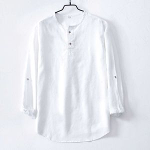 Camiseta masculina de linho estilo chinês, camisa solta casual 9/4 de manga comprida, roupas de linho de algodão, primavera/verão, camisa pequena vintage
