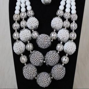 Dudo White & Silver Nigerian Jewelry Set Crystal Beaded Big Balls African Beads Necklace Jewellery Set