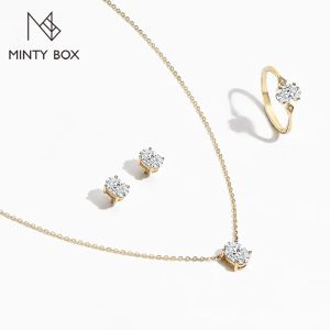 Zestawy Mintybox Solid 18k 14k 10k żółte złoto moissanite Pierścień dla kobiet Naszyjniki Misanite Diamond Engegament Zestaw biżuterii