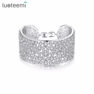 Bangles LUOTEEMI Luxurious Wide Bangles with Full Cubic Zirconia Statement Bracelet for Women Bride Wedding Party Girl Accessories Gift