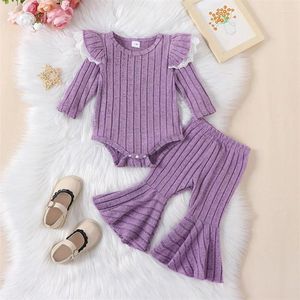 Clothing Sets Baby Kid Clothes Girl 2Pcs Spring Cotton Outfits Ruffle Long Sleeve Ribbed Knit Romper Flare Pants Set