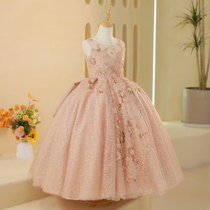 Pink Shiny Ball Gown Pearls Flower Girl Dresses For Wedding Appliced ​​Crystals Pärlad golvlängd Toddler Pageant -klänningar Första heliga nattvardsklänning 403