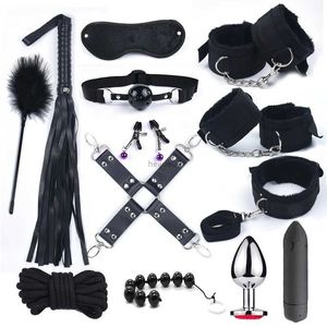 Vuxna leksaker bdsm 10 hastigheter vibrator bondage set metall sex leksaker för kvinnor män handbojor sex bröstvårtor klämmor piska spanking rep