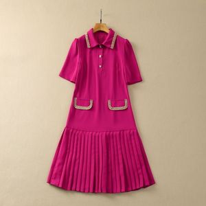 유럽과 미국 여성 의류 2024 봄 새 짧은 슬리브 옷깃 스터드 자수 패션 주름 드레스 xxl