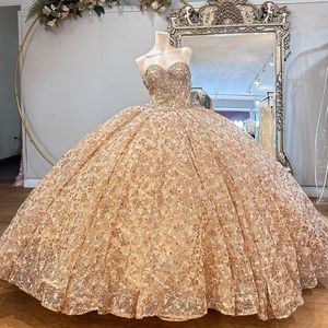 Mexikansk guld glänsande quinceanera klänningar bollklänning från axel spets applikation pärlor födelsedagsfest klänning prinsessa söt 16 klänning