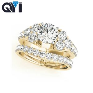 Rings 14K Solid Yellow Gold Engagement Ring Sets 1 Carat Round Moissanite Diamond Bridal Jewelry Women Wedding Ring