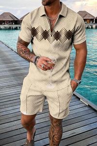 Men's Tracksuits 2024 Simmer Men's Fashion Polo Shirt Set Men 3D Printed V-neck Zipper Short Sleeve Shorts Two Pieces Man Vintage Suit