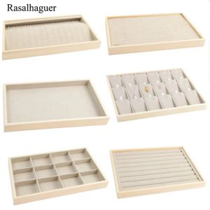 Ringar unikbeige sammet halsband ringörhängare Nyligen träsmycken Tray Series Jewelry Disply Jewelery Organizer Box