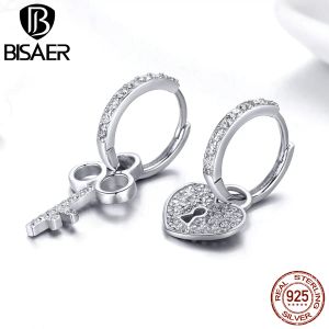 Earrings BISAER Hot Sale 925 Sterling Silver Love Heart Lock & Crystal Key Shape Stud Earrings Stud Women Wedding Jewelry Brincos ECE577