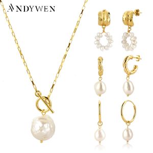 Halsband Andywen 925 Sterling Silver Gold Oregelbundet Pearl Drop Earring Percing Horoscope Chain Big Pearl Pendant Halsbandsmycken