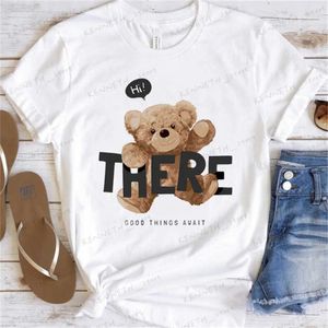 Camiseta feminina simples e engraçada tendência fofa camiseta feminina verão manga curta estampa de urso fofo roupas moda feminina estampa top.T240129
