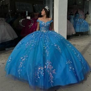 Blaue, glänzende Quinceanera-Kleider für 16-jährige Mädchen, schulterfrei, Blumenapplikation, Tüll, Damen, Abschlussball, Party, Festzug, Abendkleid, VX, 15 Jahre