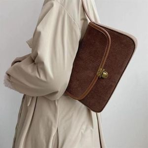 Cross Body Fashion Design Ladies Brown Small Shoulder Bags Elegant Women Purse Handbags Vintage Lock Corduroy Female Underarm Bag 246p