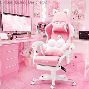 Other Furniture Vigosit Pink Gaming Chair with Cat Paw Lumbar Cushion and Ears Ergonomic Computer Footrest Reclining PC Game Ch Q240129