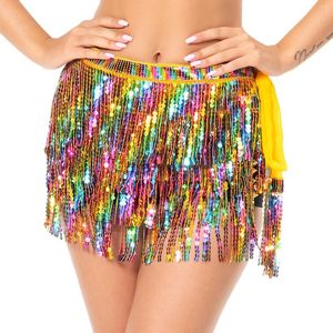 Stage Wear Women Shiny Sequins Tassel Skirt Belly Dance Hip Scarf Carnival Club Performance Lace-up Fringed Skirts Dancewear Costume