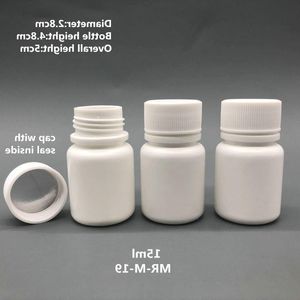 Gratis frakt 100 st 15 ml 15g 15cc HDPE Vit små tomma plastpillerflaskor Plastmedicinska behållare med mössor FIFVC