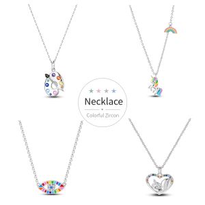 Necklace 925 Silver Colorful Palette Necklace For Women Unicorn Charm 45cm Chain Rainbow Eyes Elephant Necklaces Zircon Jewelry Gift